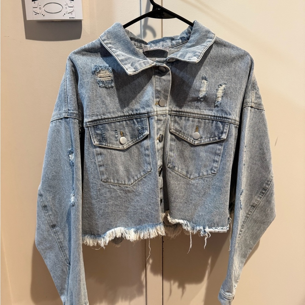 Womens Boyfriend Denim Jacket Rhinestone Fringe Jean